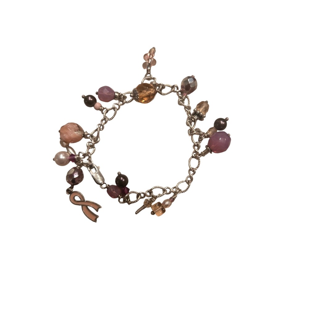 Breast Cancer Awareness Pink Ribbon Charm Bracelet Glass Beads Silver Tone